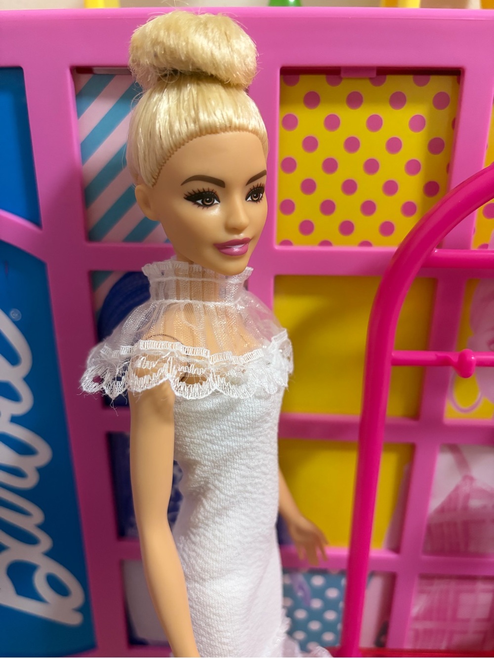 Barbie Pink & White Fashion Doll in White Lace Gown